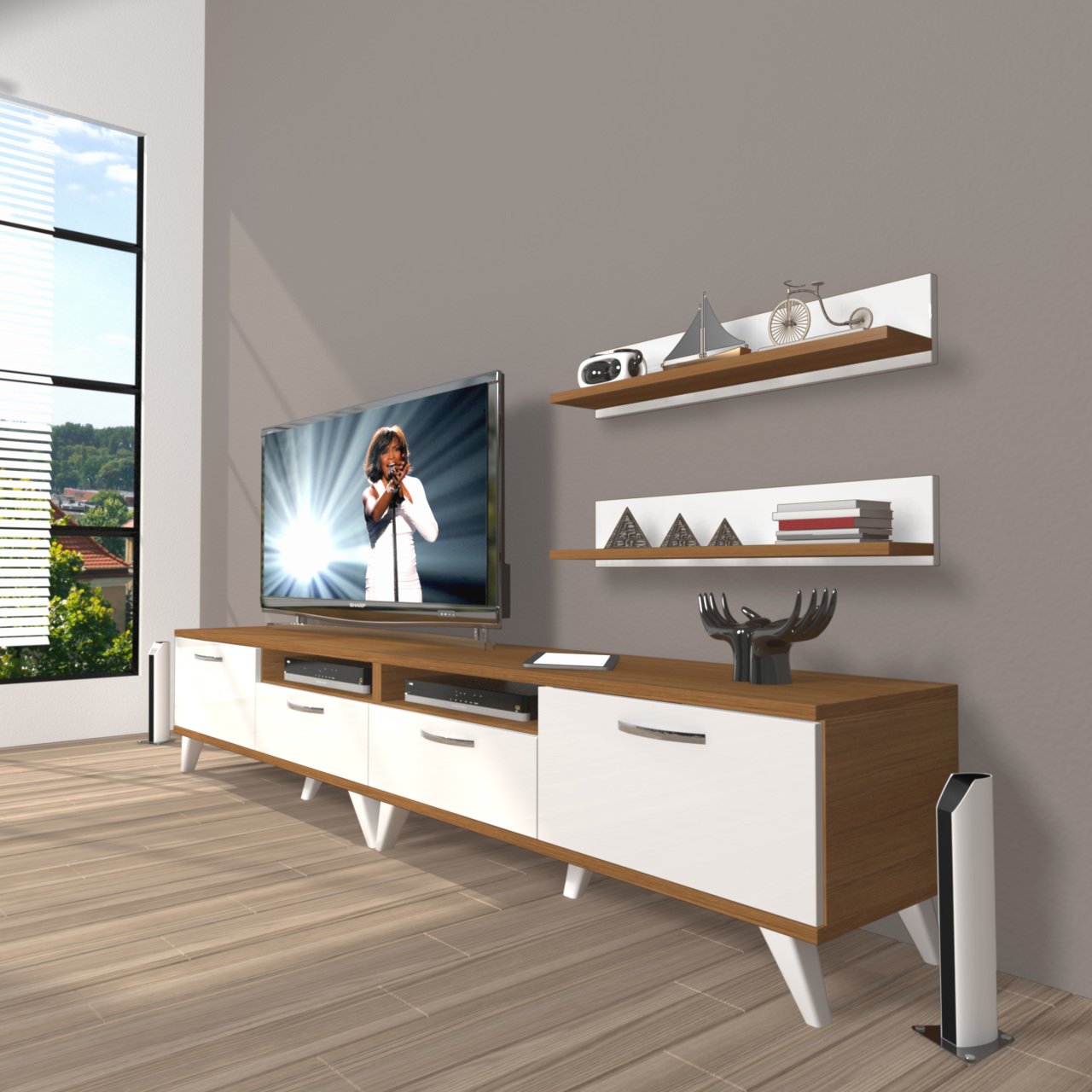Decoraktiv Eko 200r Mdf Retro Tv Ünitesi Tv Sehpası Ceviz - Beyaz