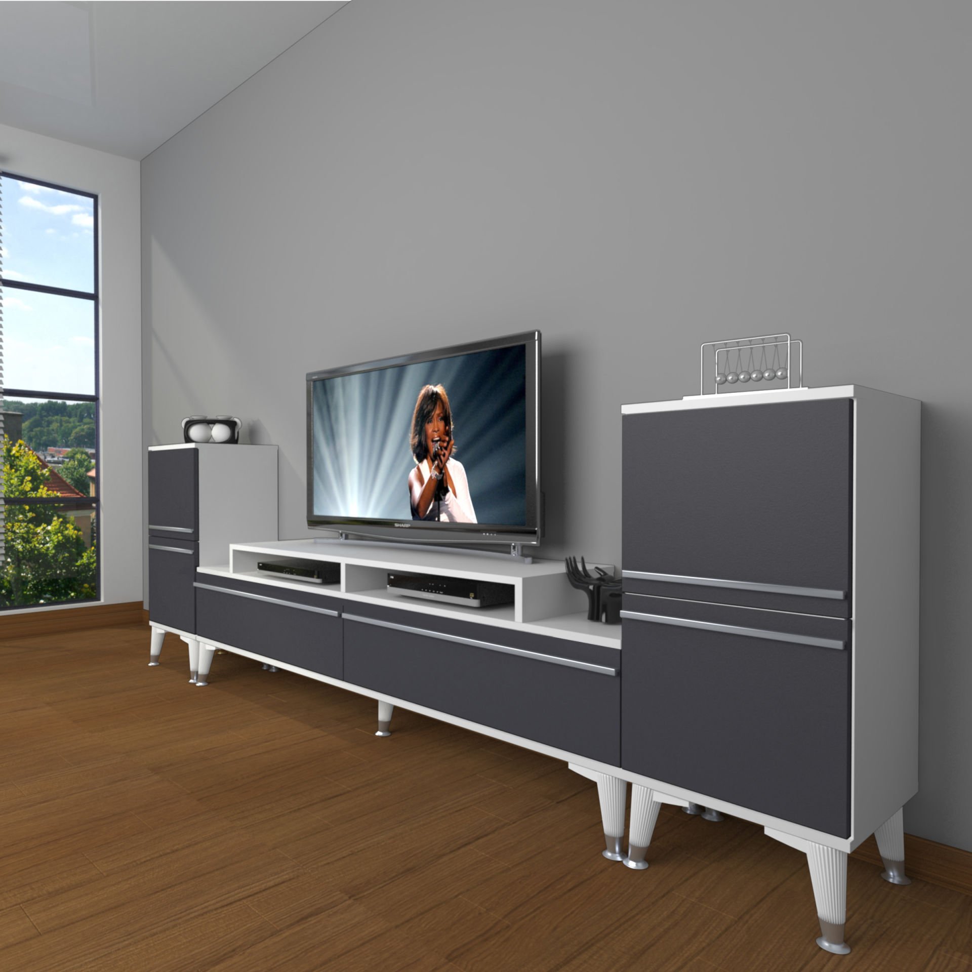 Decoraktiv Ekoflex On2 Mdf Silver Tv Ünitesi Tv Sehpası Beyaz - Antrasit