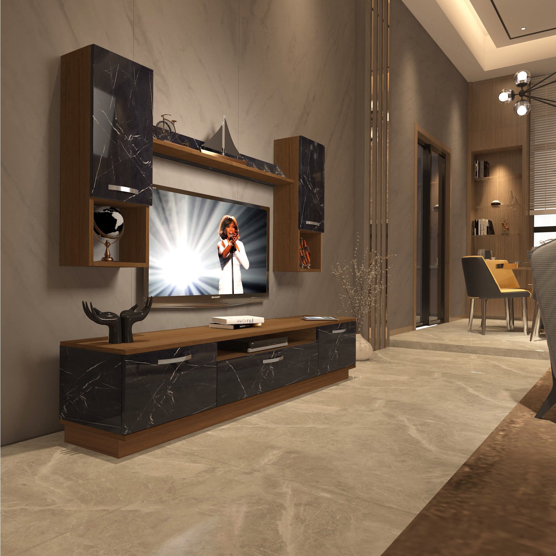 Decoraktiv Trio 5DA Mdf Tv Ünitesi Tv Sehpası Ceviz - Siyah Mermer