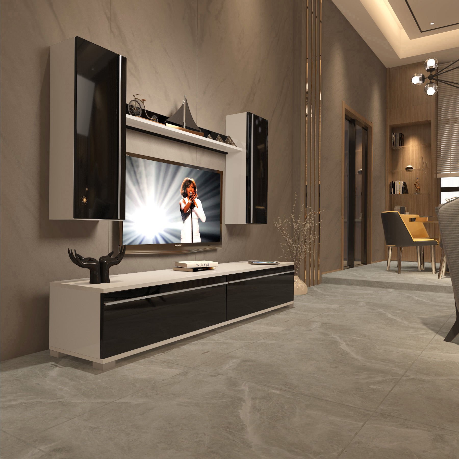 Decoraktiv Eko 5D Mdf Std Tv Ünitesi Tv Sehpası Beyaz - Siyah