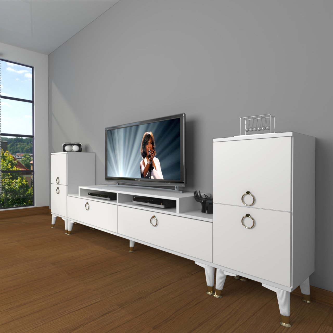 Decoraktiv Ekoflex On2 Mdf Gold Tv Ünitesi Tv Sehpası Parlak Beyaz