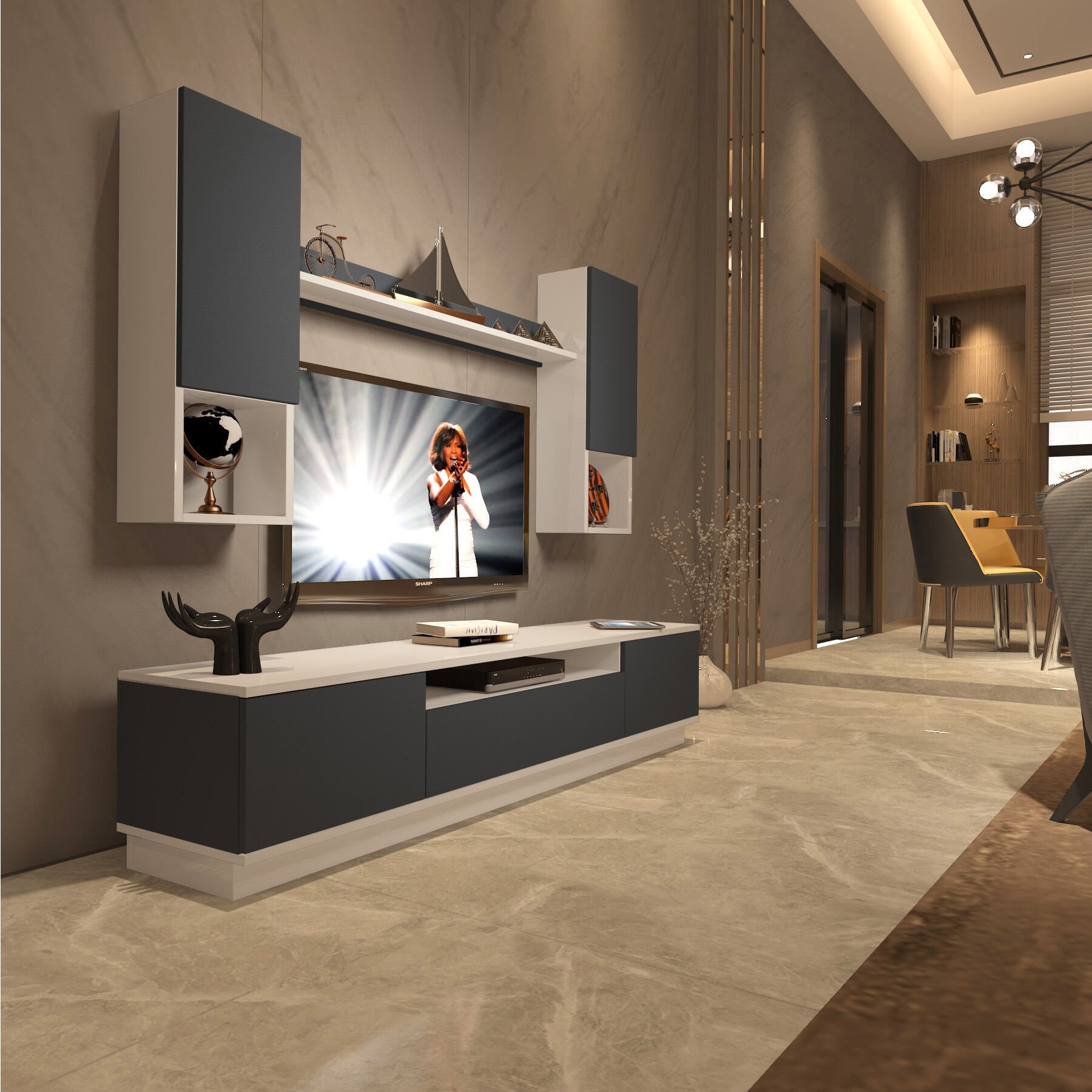 Decoraktiv Trio 5DAS Mdf Tv Ünitesi Tv Sehpası Beyaz - Antrasit