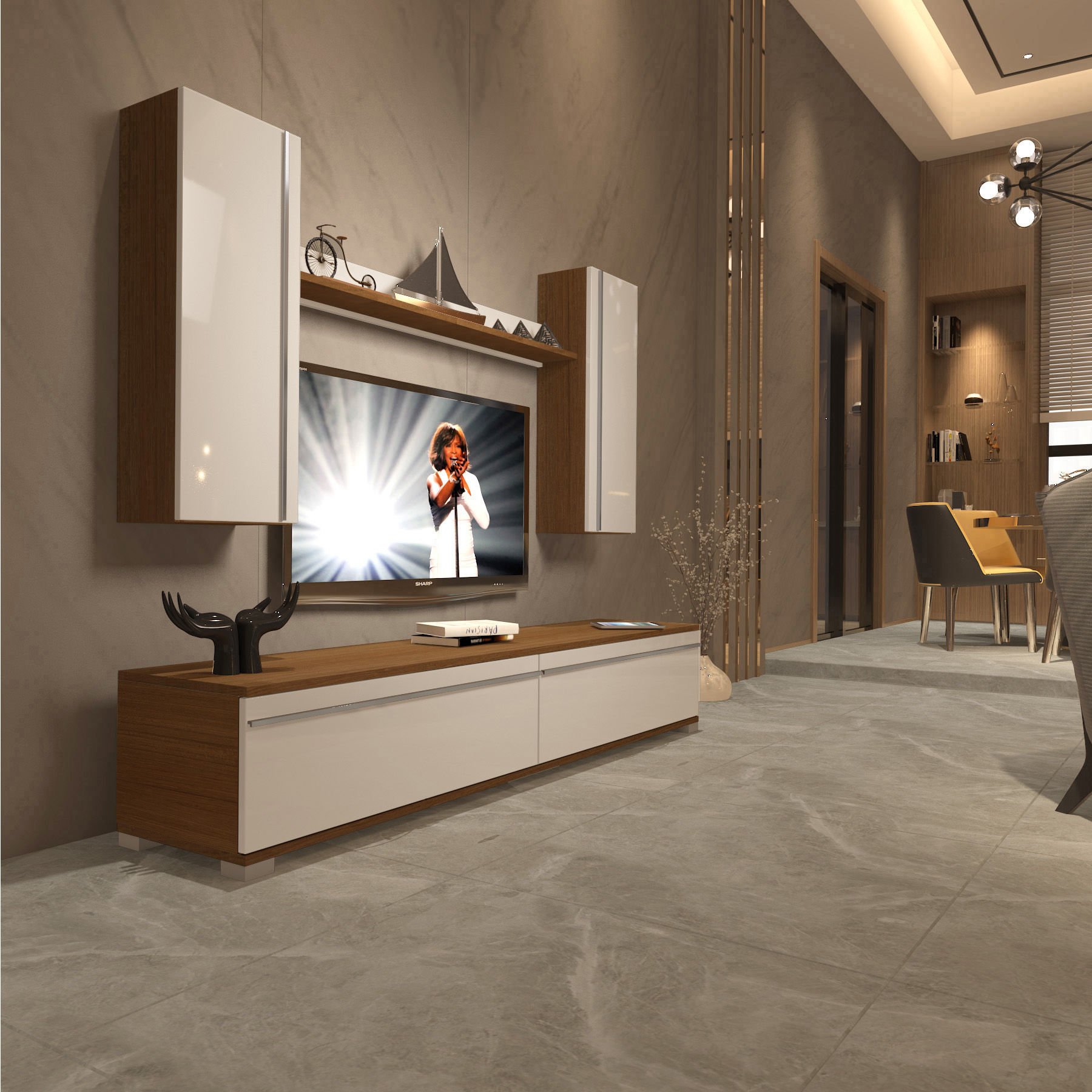 Decoraktiv Eko 5D Mdf Std Tv Ünitesi Tv Sehpası Ceviz - Beyaz