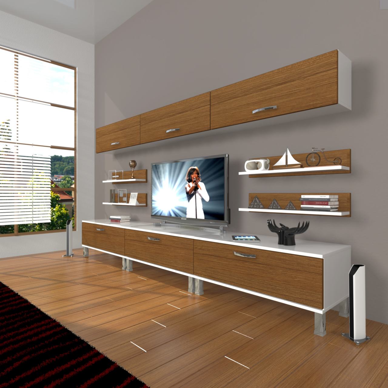 Decoraktiv Eko 8Y Slm Krom Ayaklı Tv Ünitesi Tv Sehpası Beyaz - Ceviz