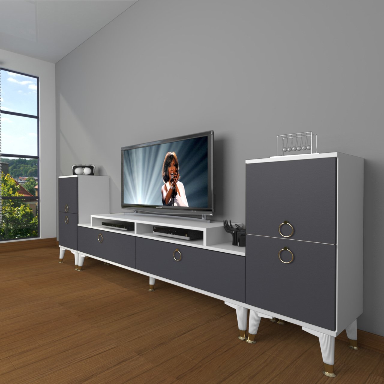 Decoraktiv Ekoflex On2 Mdf Gold Tv Ünitesi Tv Sehpası Beyaz - Antrasit