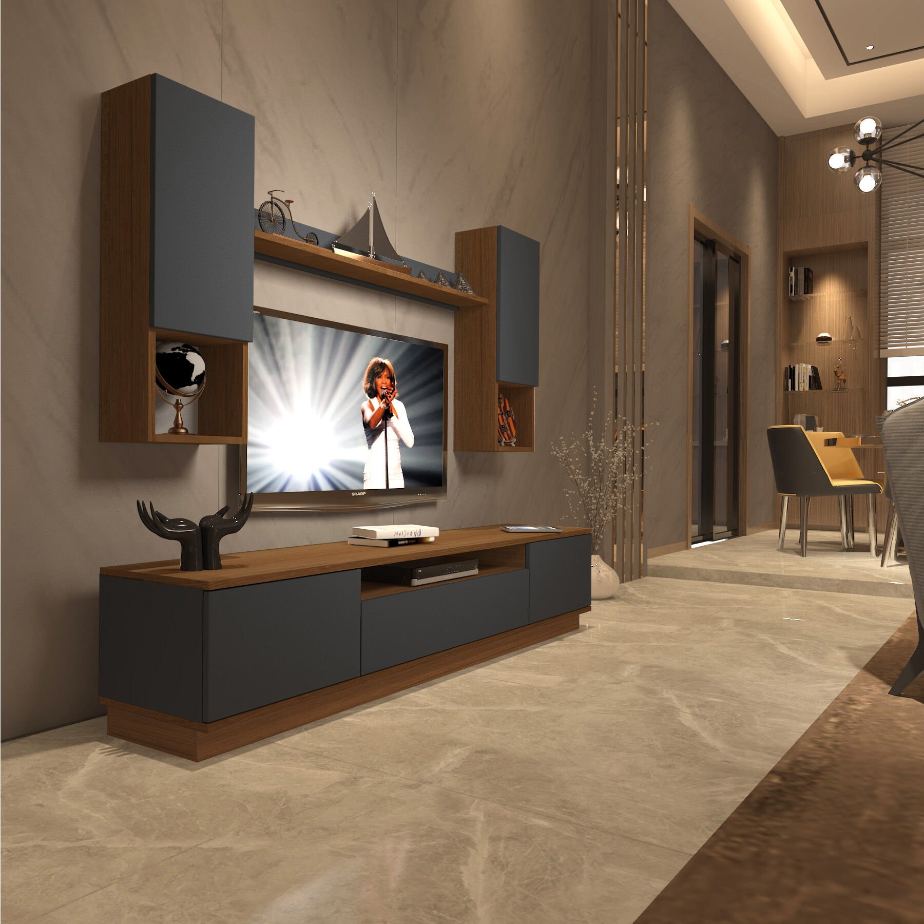 Decoraktiv Trio 5DAS Mdf Tv Ünitesi Tv Sehpası Ceviz - Antrasit