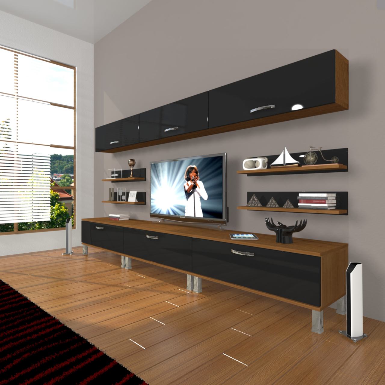 Decoraktiv Eko 8Y Slm Krom Ayaklı Tv Ünitesi Tv Sehpası Ceviz - Siyah