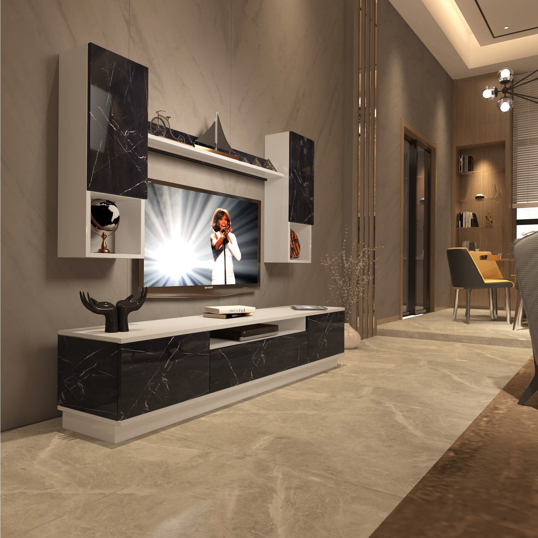 Decoraktiv Trio 5DAS Mdf Tv Ünitesi Tv Sehpası Beyaz - Siyah Mermer