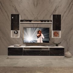 Decoraktiv Trio 5DAS Mdf Tv Ünitesi Tv Sehpası Beyaz - Siyah Mermer