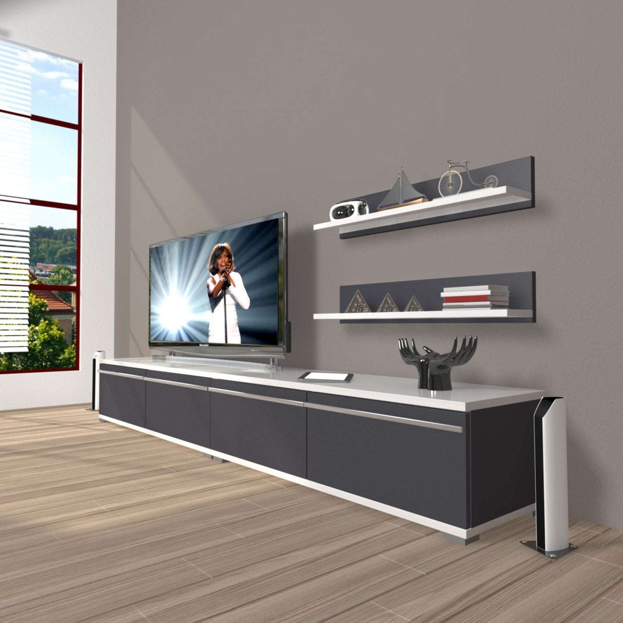 Decoraktiv Eko 200T Mdf Tv Ünitesi Tv Sehpası Beyaz - Antrasit