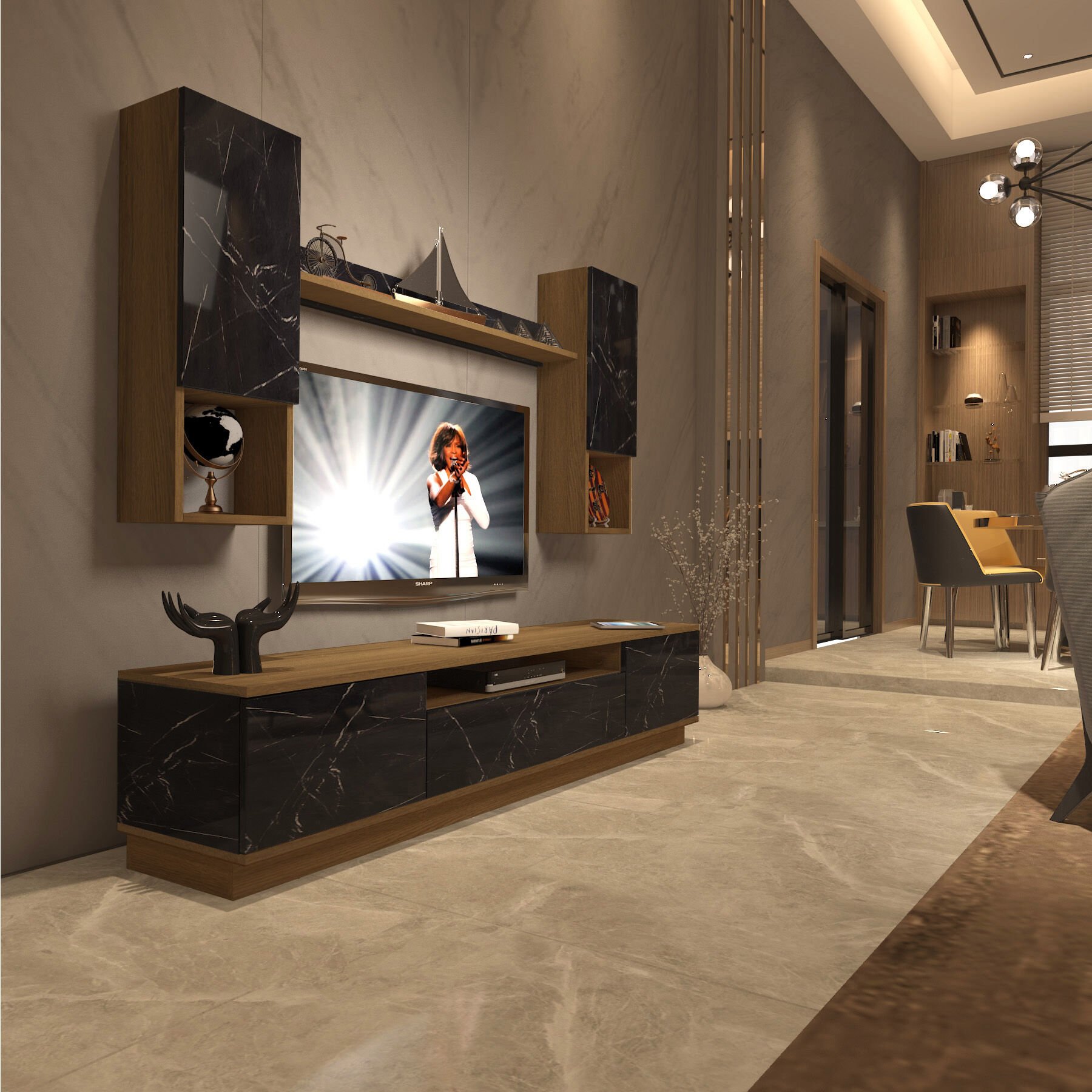 Decoraktiv Trio 5DAS Mdf Tv Ünitesi Tv Sehpası Pera - Siyah Mermer