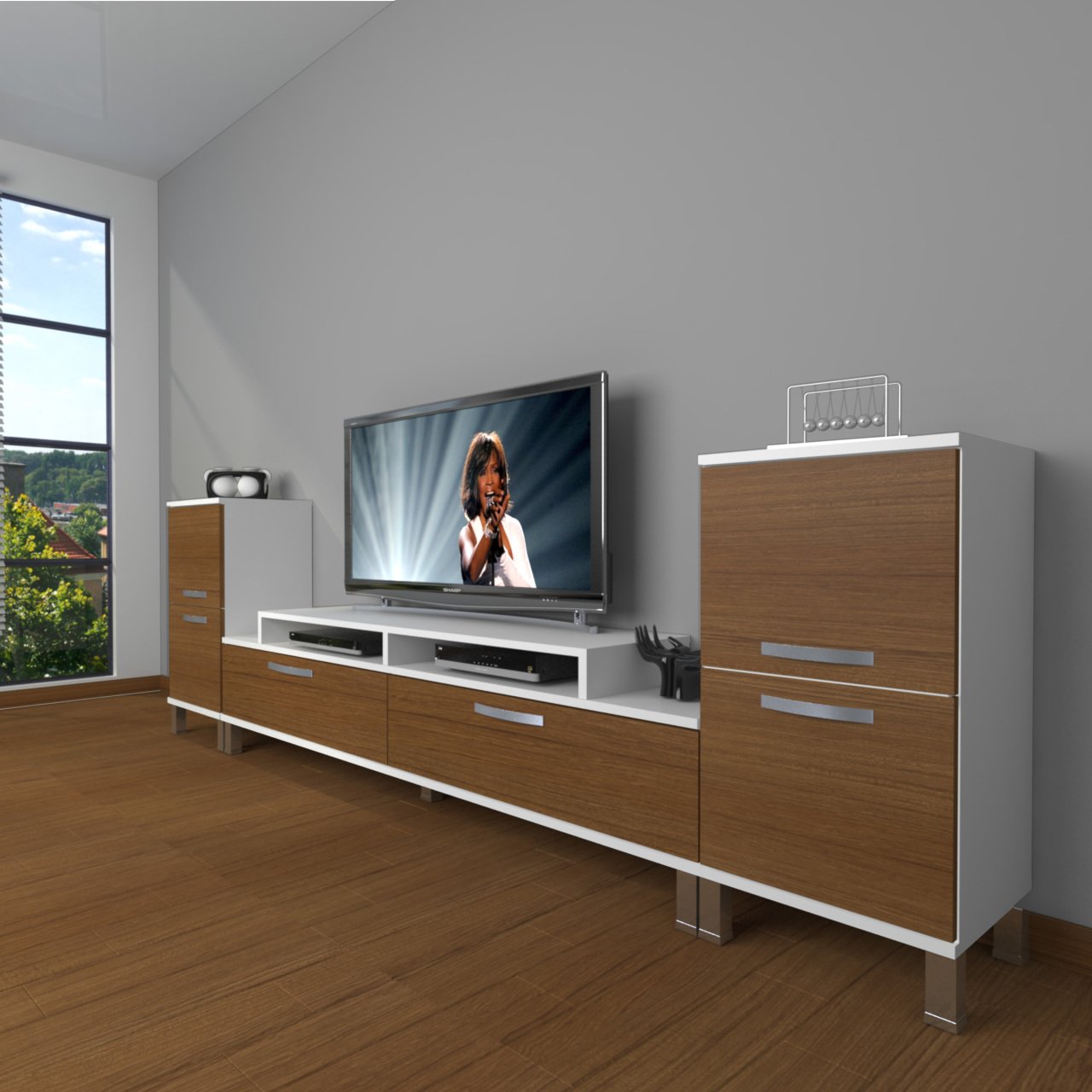 Decoraktiv Ekoflex On2 Slm Krom Ayaklı Tv Ünitesi Tv Sehpası Beyaz - Ceviz