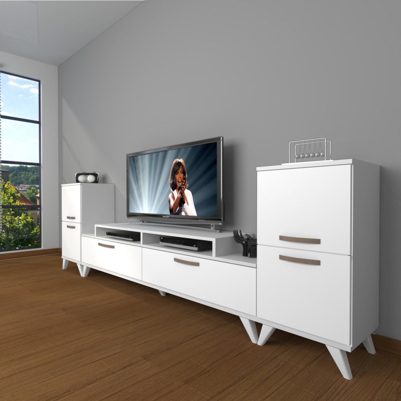 Decoraktiv Ekoflex On2 Slm Retro Tv Ünitesi Tv Sehpası Parlak Beyaz