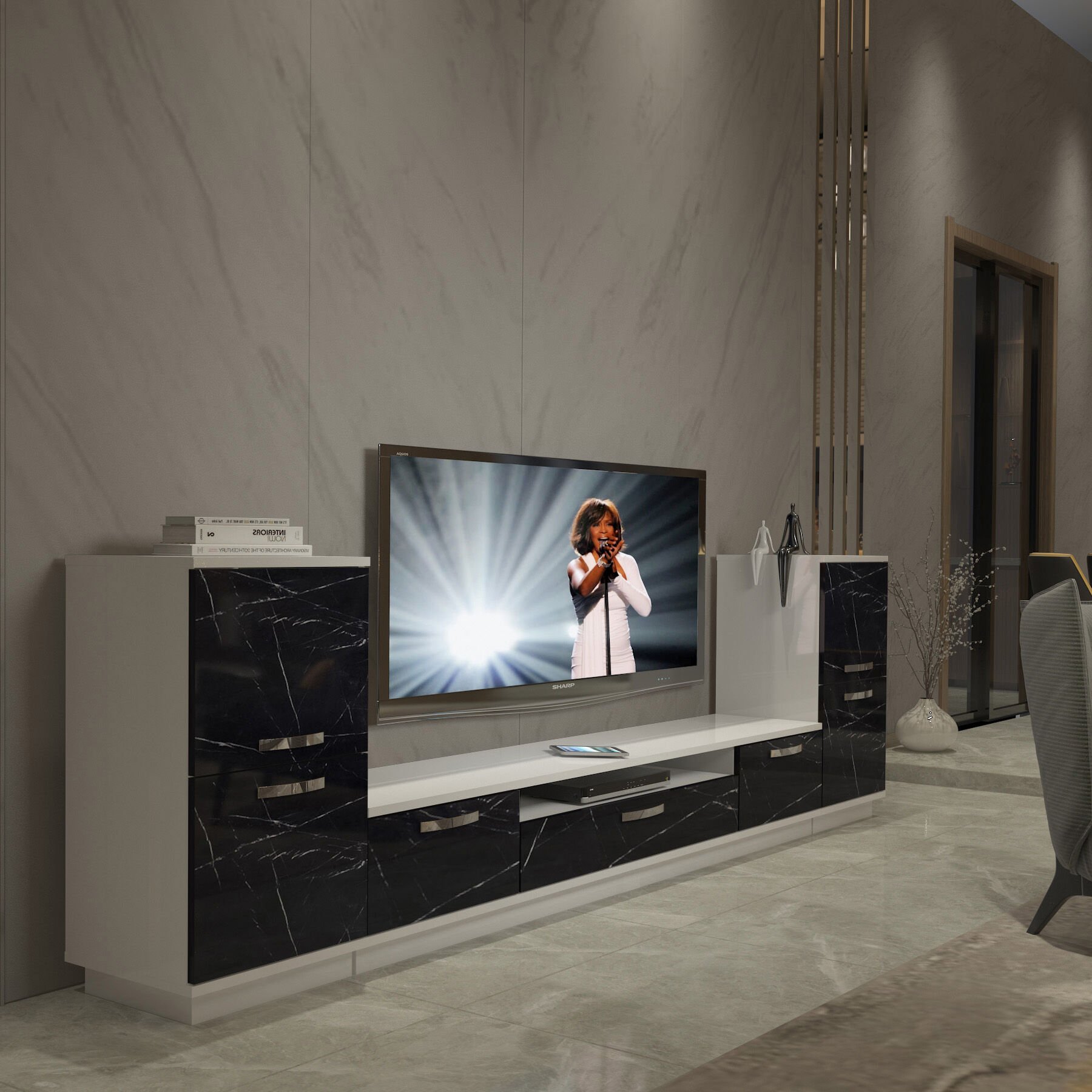 Decoraktiv Trio On2 Mdf Tv Ünitesi Tv Sehpası Beyaz - Siyah Mermer