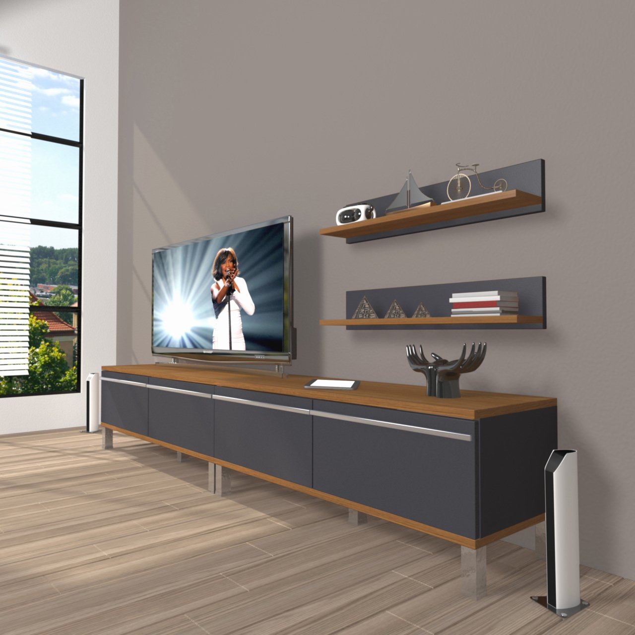 Decoraktiv Eko 200T Mdf Krom Ayaklı Tv Ünitesi Tv Sehpası Ceviz - Antrasit
