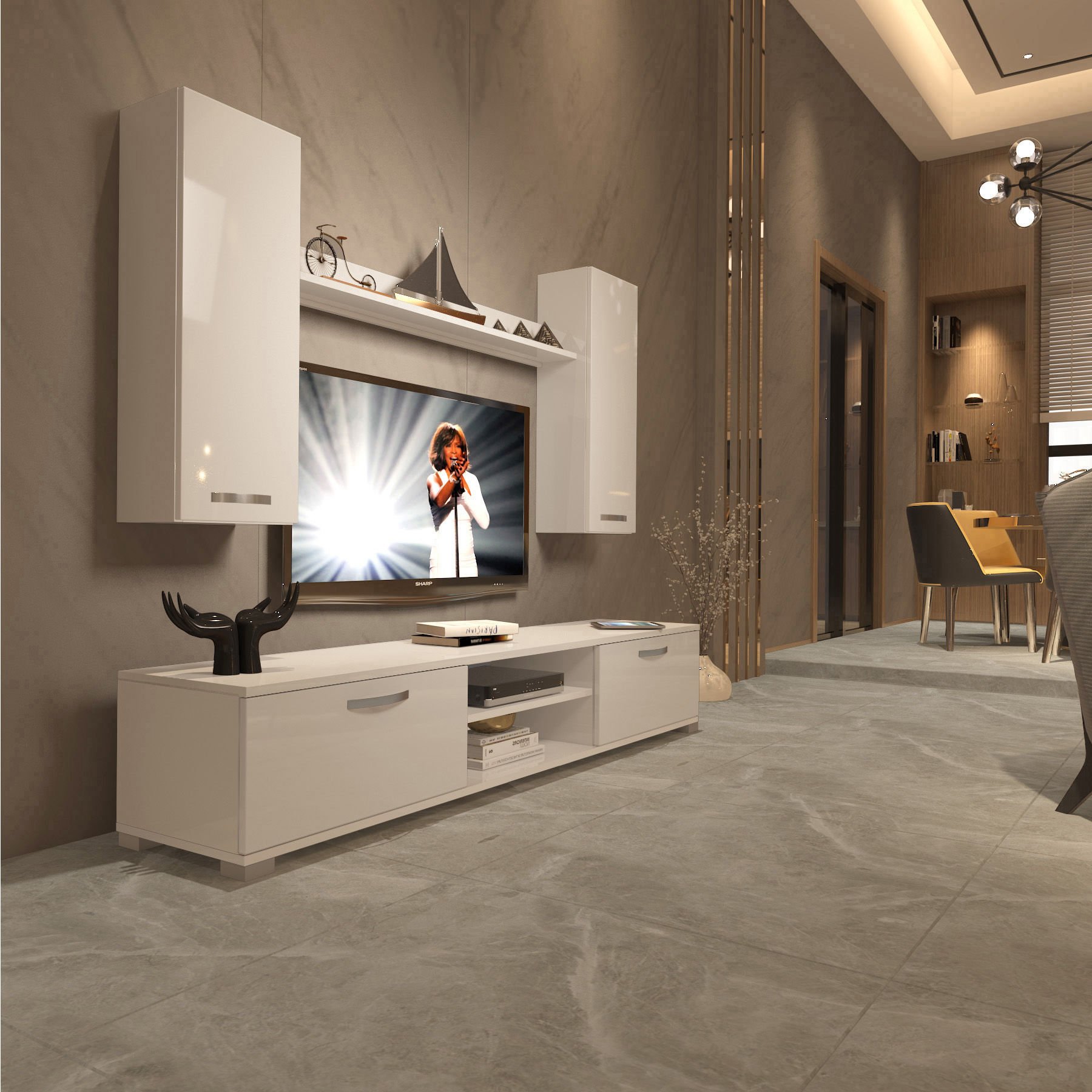 Decoraktiv Eko 5D Mdf Dvd Tv Ünitesi Tv Sehpası Parlak Beyaz
