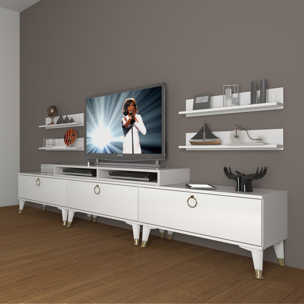 Decoraktiv Ekoflex 270r Mdf Gold Tv Ünitesi Tv Sehpası Parlak Beyaz