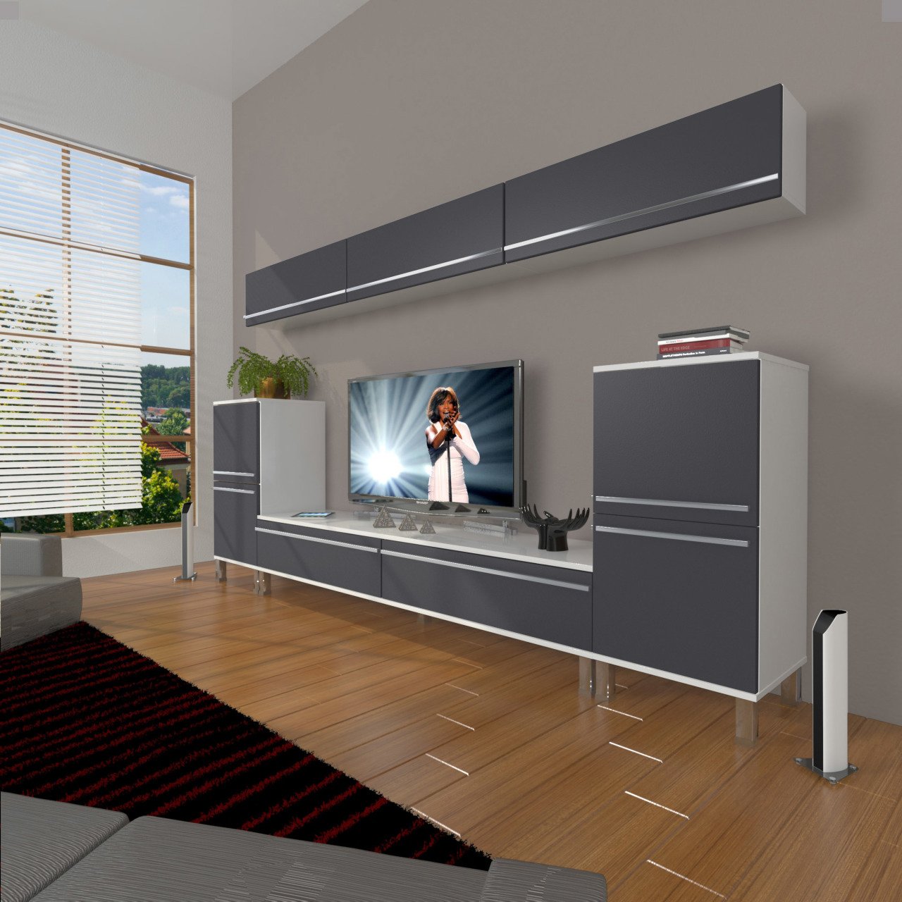 Decoraktiv Eko 9 Mdf Std Krom Ayaklı Tv Ünitesi Tv Sehpası Beyaz - Antrasit