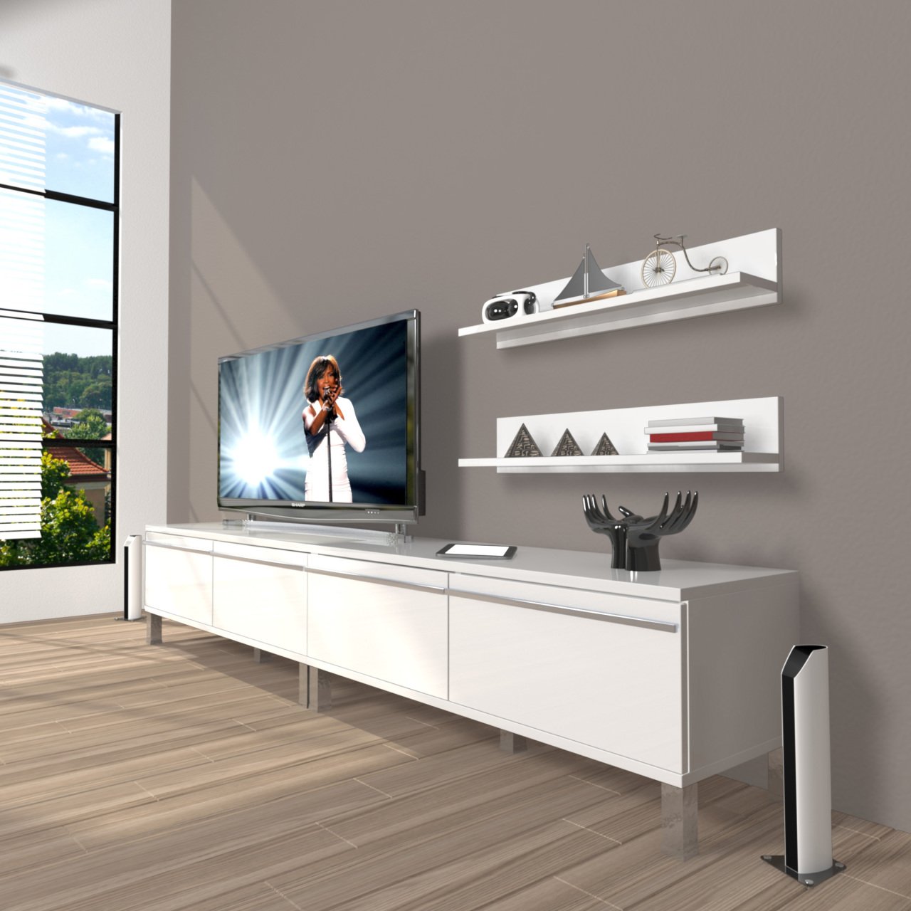 Decoraktiv Eko 200T Mdf Krom Ayaklı Tv Ünitesi Tv Sehpası Parlak Beyaz