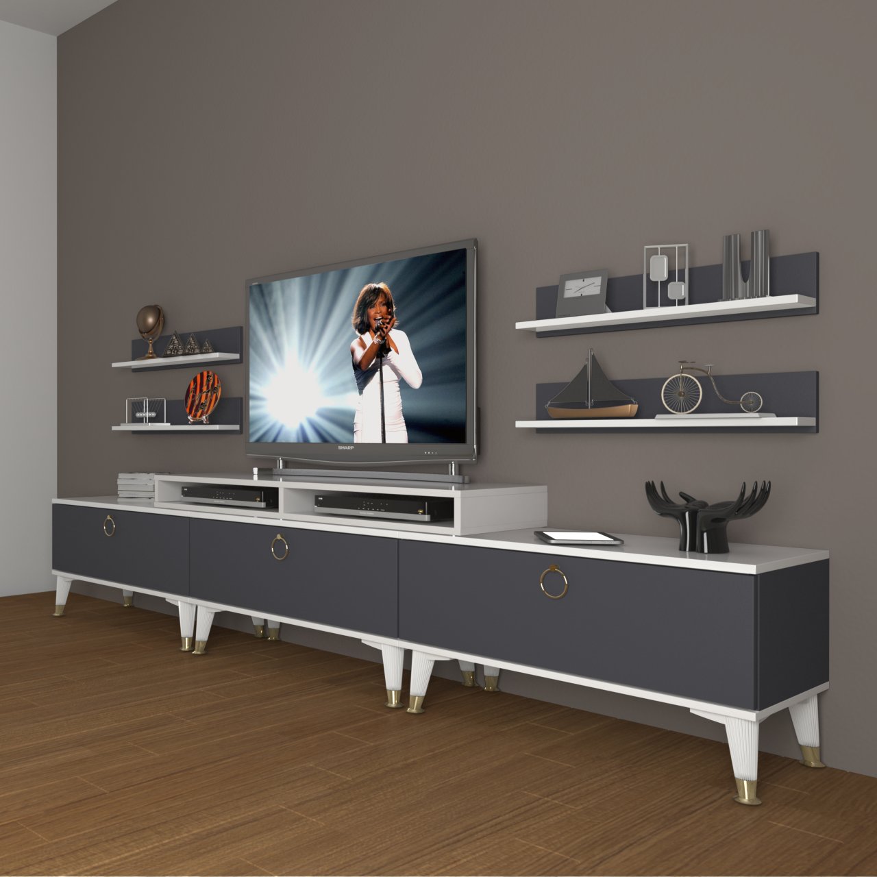 Decoraktiv Ekoflex 270r Mdf Gold Tv Ünitesi Tv Sehpası Beyaz - Antrasit