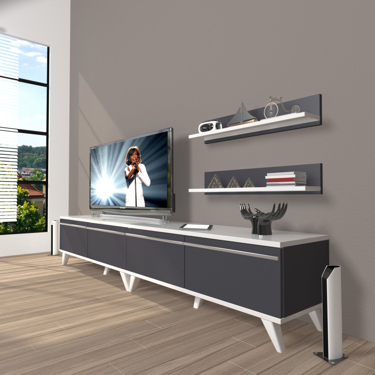 Decoraktiv Eko 200T Mdf Retro Tv Ünitesi Tv Sehpası Beyaz - Antrasit