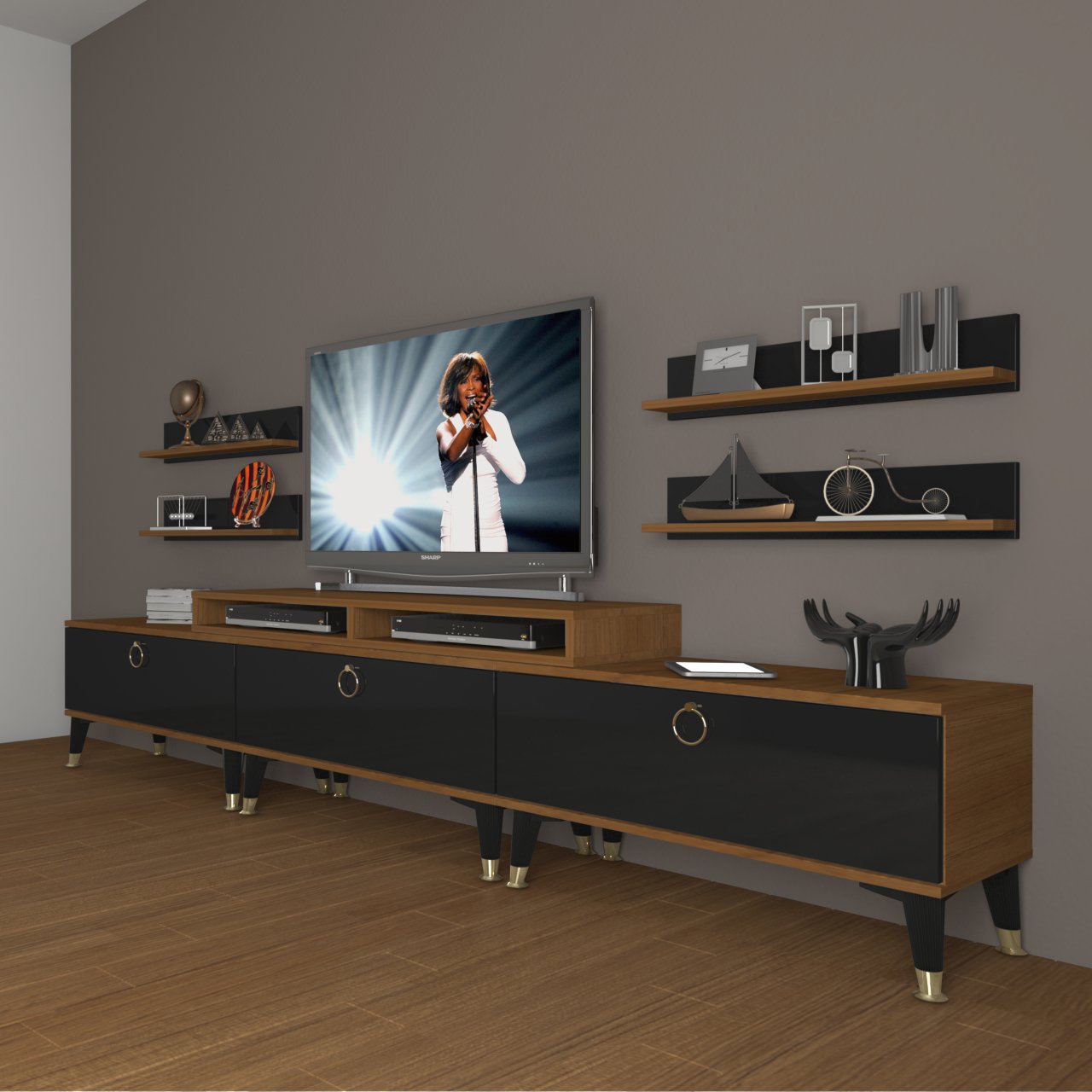 Decoraktiv Ekoflex 270r Mdf Gold Tv Ünitesi Tv Sehpası Ceviz - Siyah