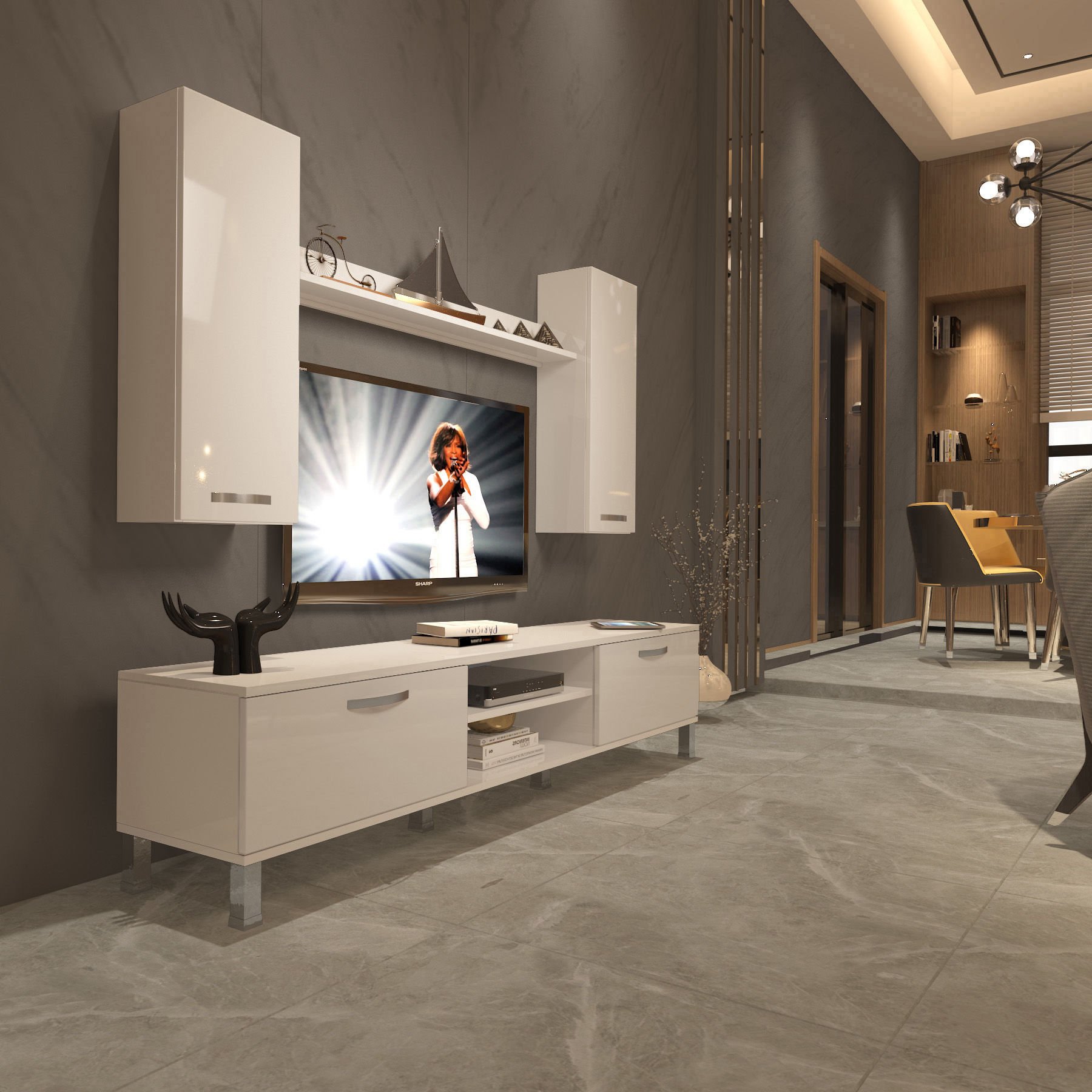 Decoraktiv Eko 5D Mdf Dvd Krom Ayaklı Tv Ünitesi Tv Sehpası Parlak Beyaz