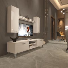 Decoraktiv Eko 5D Mdf Dvd Krom Ayaklı Tv Ünitesi Tv Sehpası Parlak Beyaz