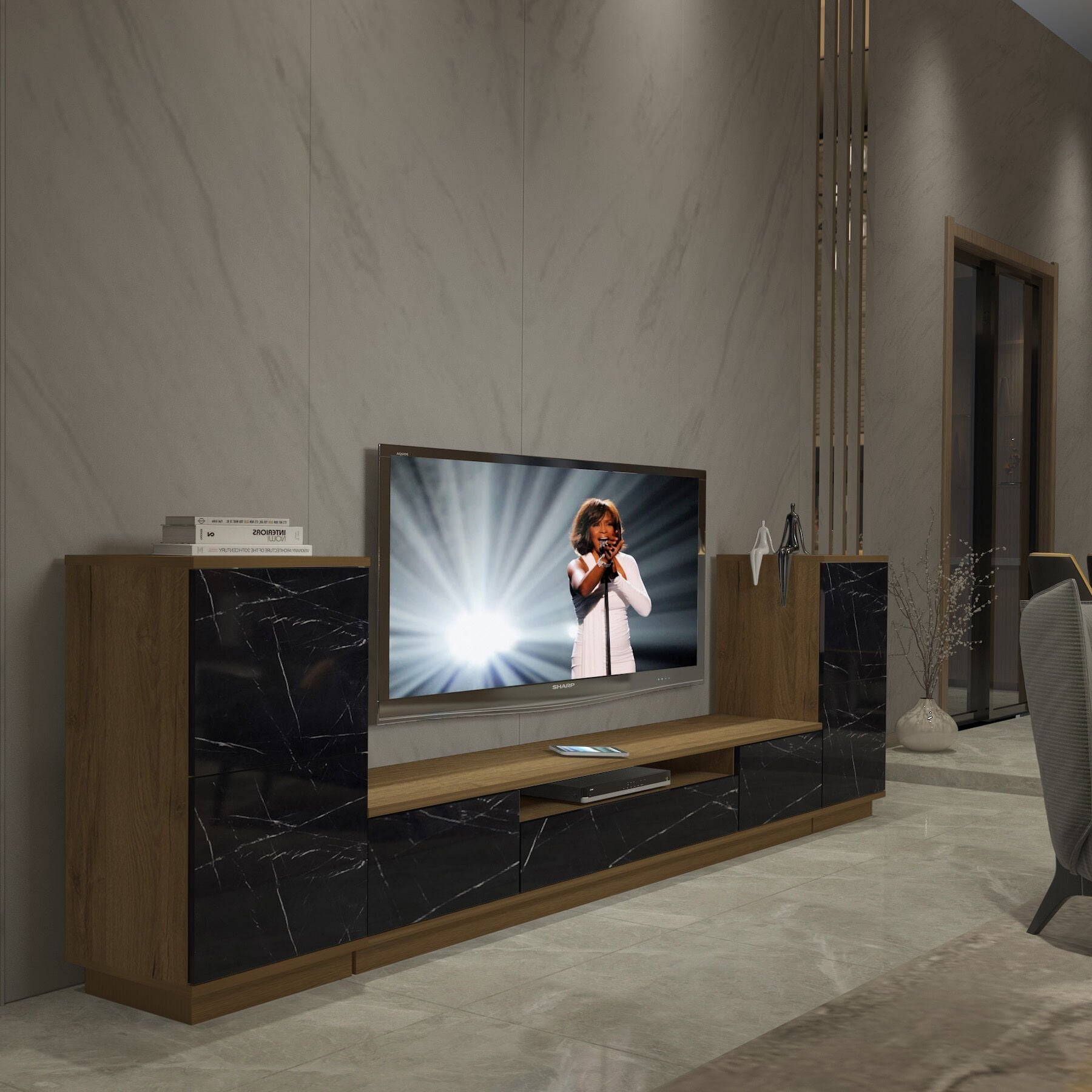 Decoraktiv Trio On2S Mdf Tv Ünitesi Tv Sehpası Pera - Siyah Mermer