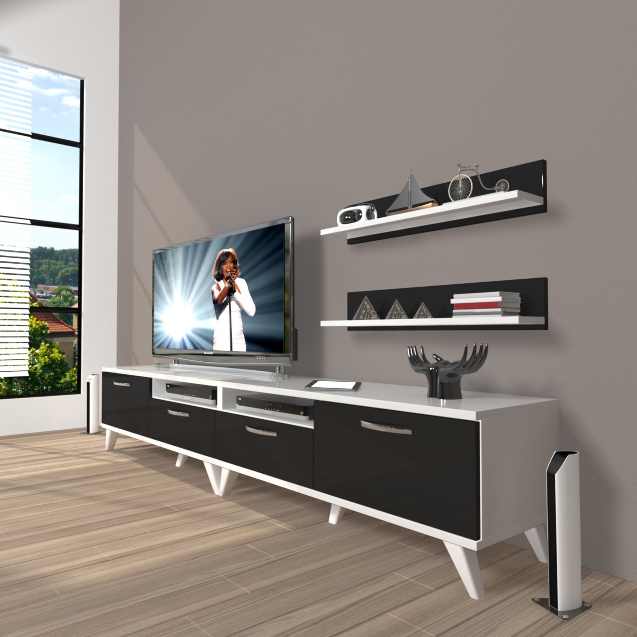 Decoraktiv Eko 200r Slm Retro Tv Ünitesi Tv Sehpası Beyaz - Siyah