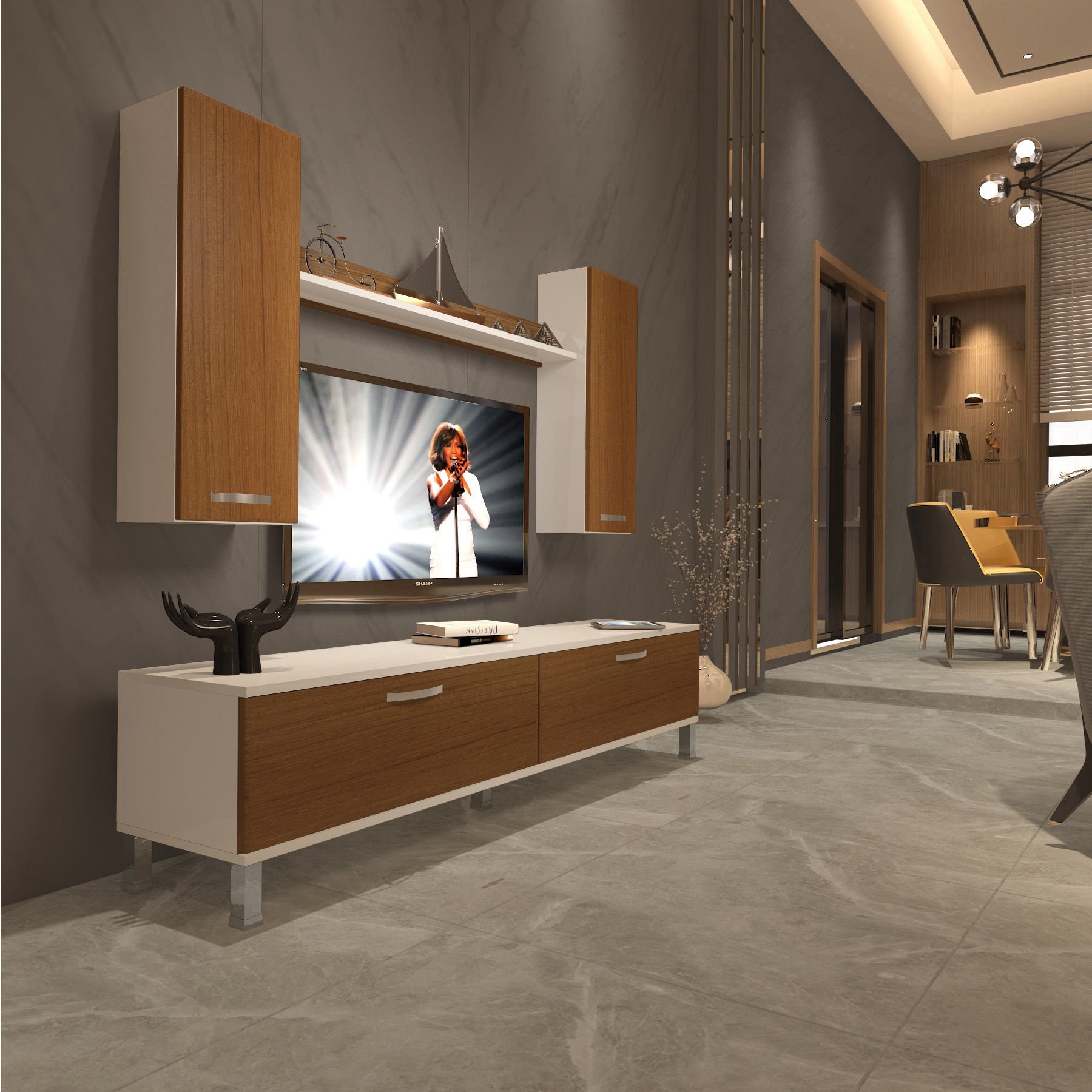 Decoraktiv Eko 5D Slm Std Krom Ayaklı Tv Ünitesi Tv Sehpası Beyaz - Ceviz