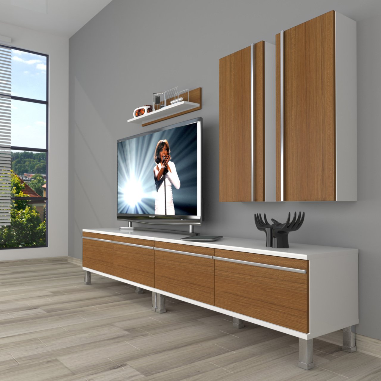 Decoraktiv Eko 5200T Mdf Krom Ayaklı Tv Ünitesi Tv Sehpası Beyaz - Ceviz