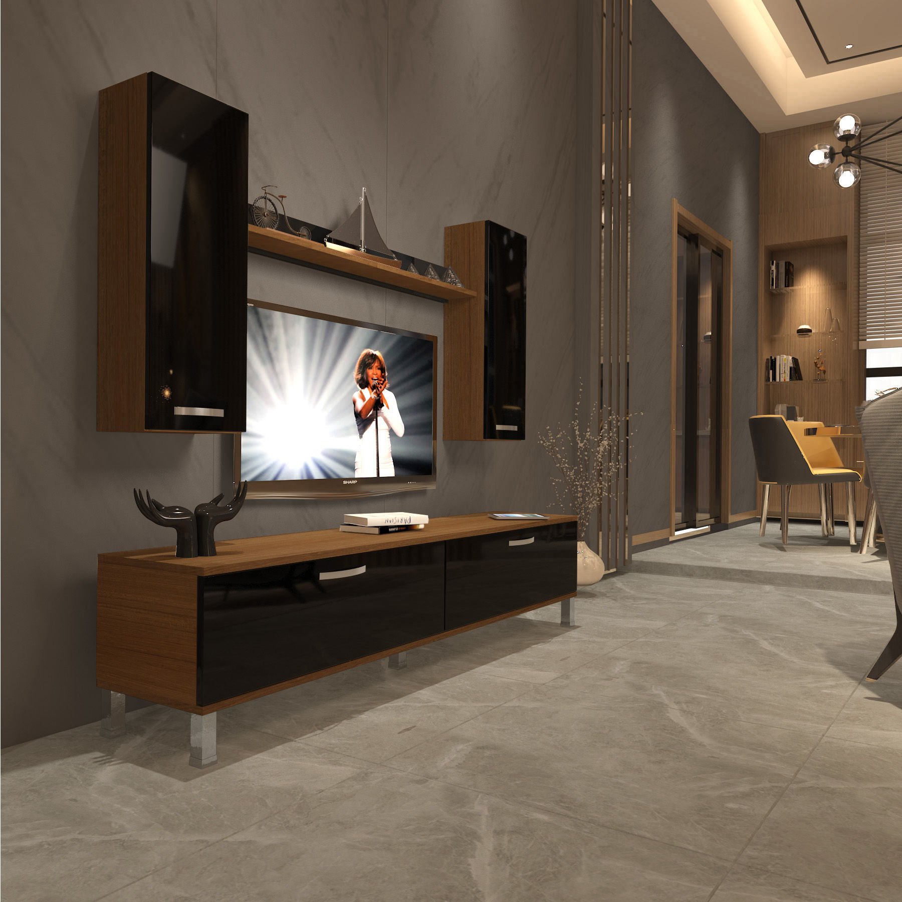 Decoraktiv Eko 5D Slm Std Krom Ayaklı Tv Ünitesi Tv Sehpası Ceviz - Siyah