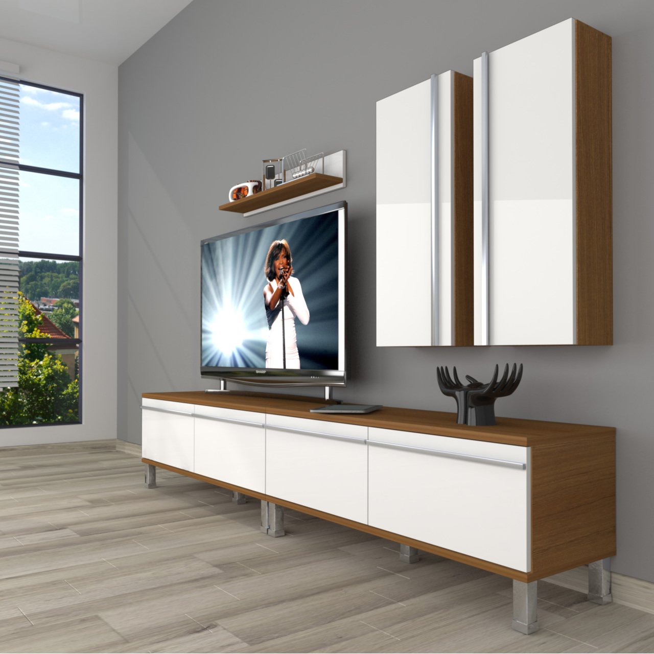 Decoraktiv Eko 5200T Mdf Krom Ayaklı Tv Ünitesi Tv Sehpası Ceviz - Beyaz