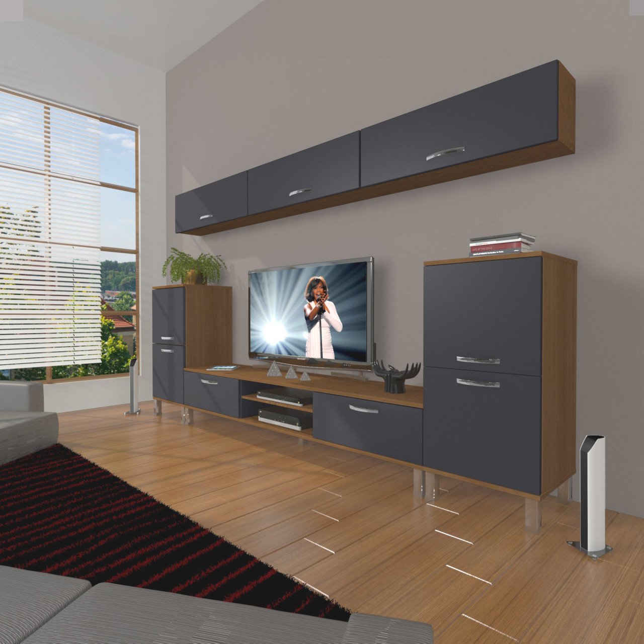 Decoraktiv Eko 9 Mdf Dvd Krom Ayaklı Tv Ünitesi Tv Sehpası Ceviz - Antrasit