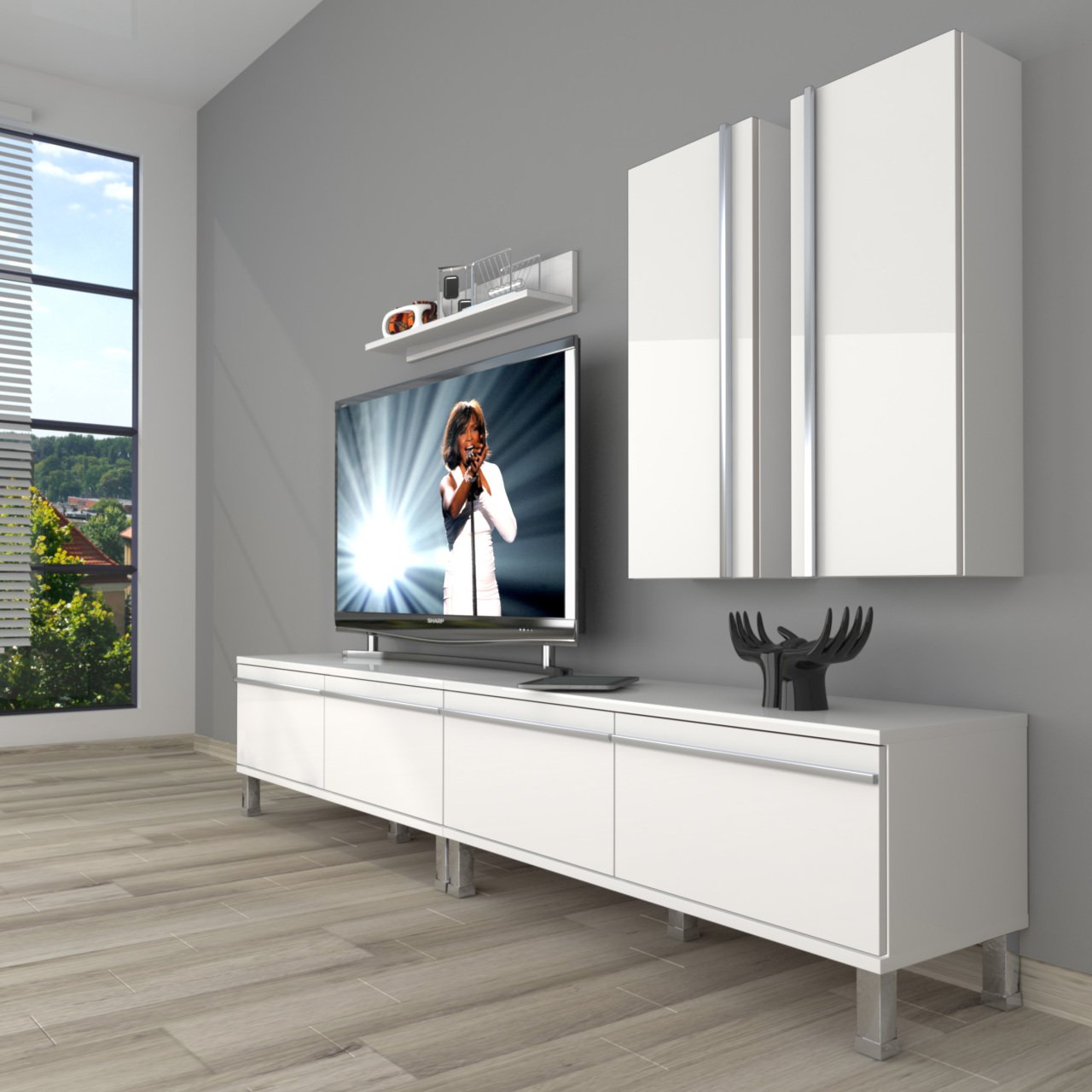 Decoraktiv Eko 5200T Mdf Krom Ayaklı Tv Ünitesi Tv Sehpası Parlak Beyaz