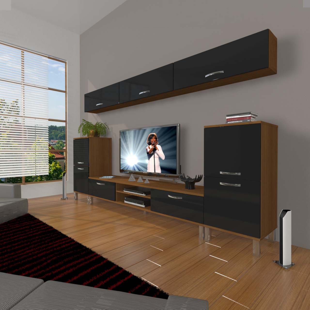 Decoraktiv Eko 9 Mdf Dvd Krom Ayaklı Tv Ünitesi Tv Sehpası Ceviz - Siyah