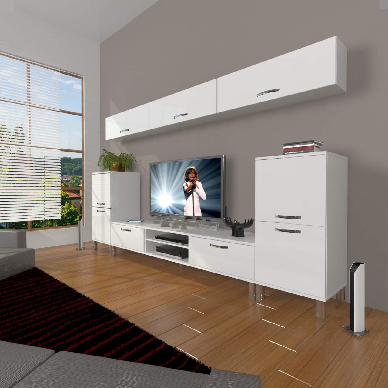 Decoraktiv Eko 9 Mdf Dvd Krom Ayaklı Tv Ünitesi Tv Sehpası Parlak Beyaz