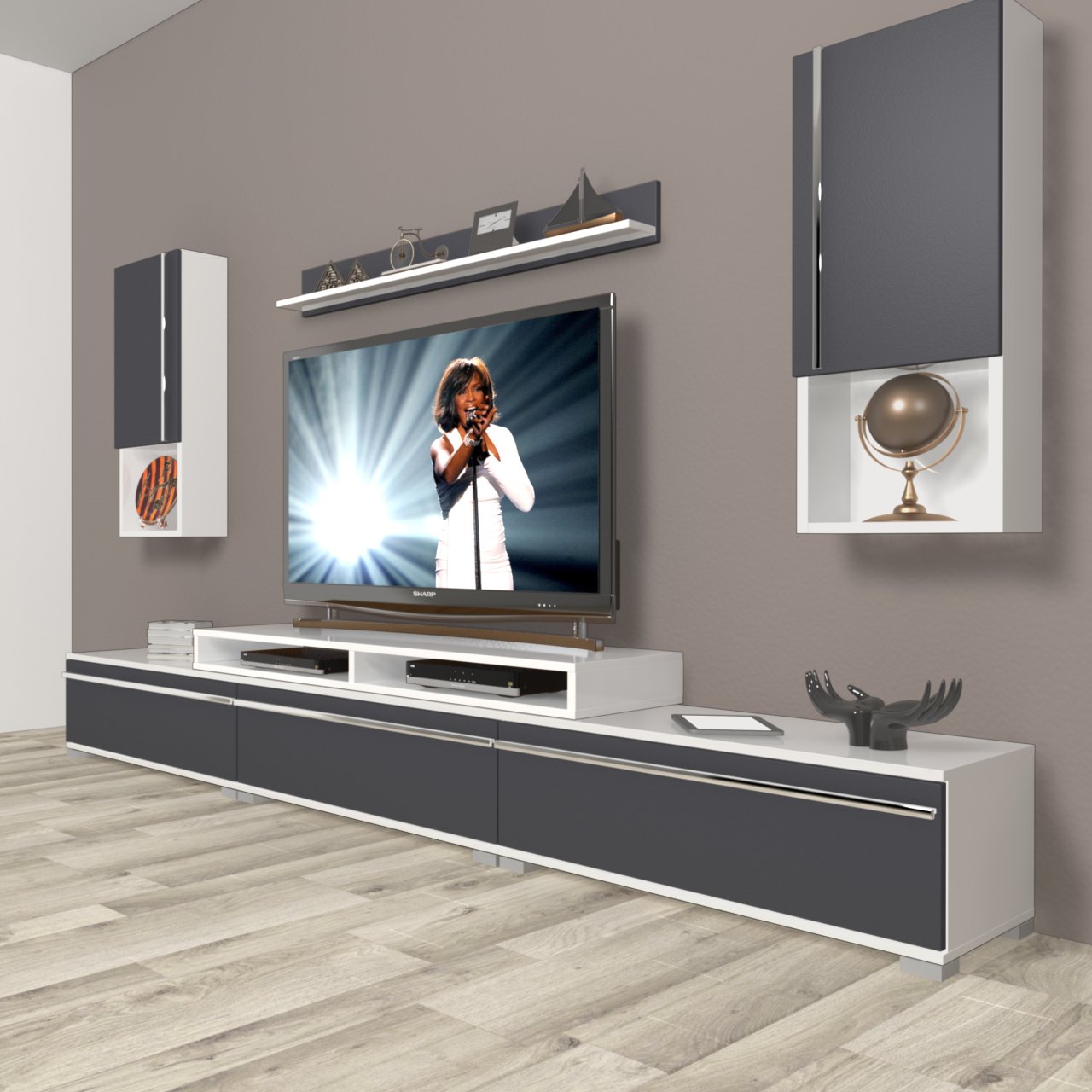 Decoraktiv Ekoflex 270TA Mdf Tv Ünitesi Tv Sehpası Beyaz - Antrasit