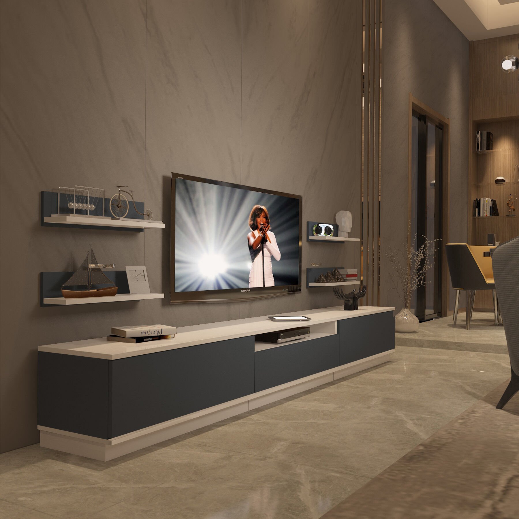 Decoraktiv Trendstyle 270RS Mdf Tv Ünitesi Tv Sehpası Beyaz - Antrasit