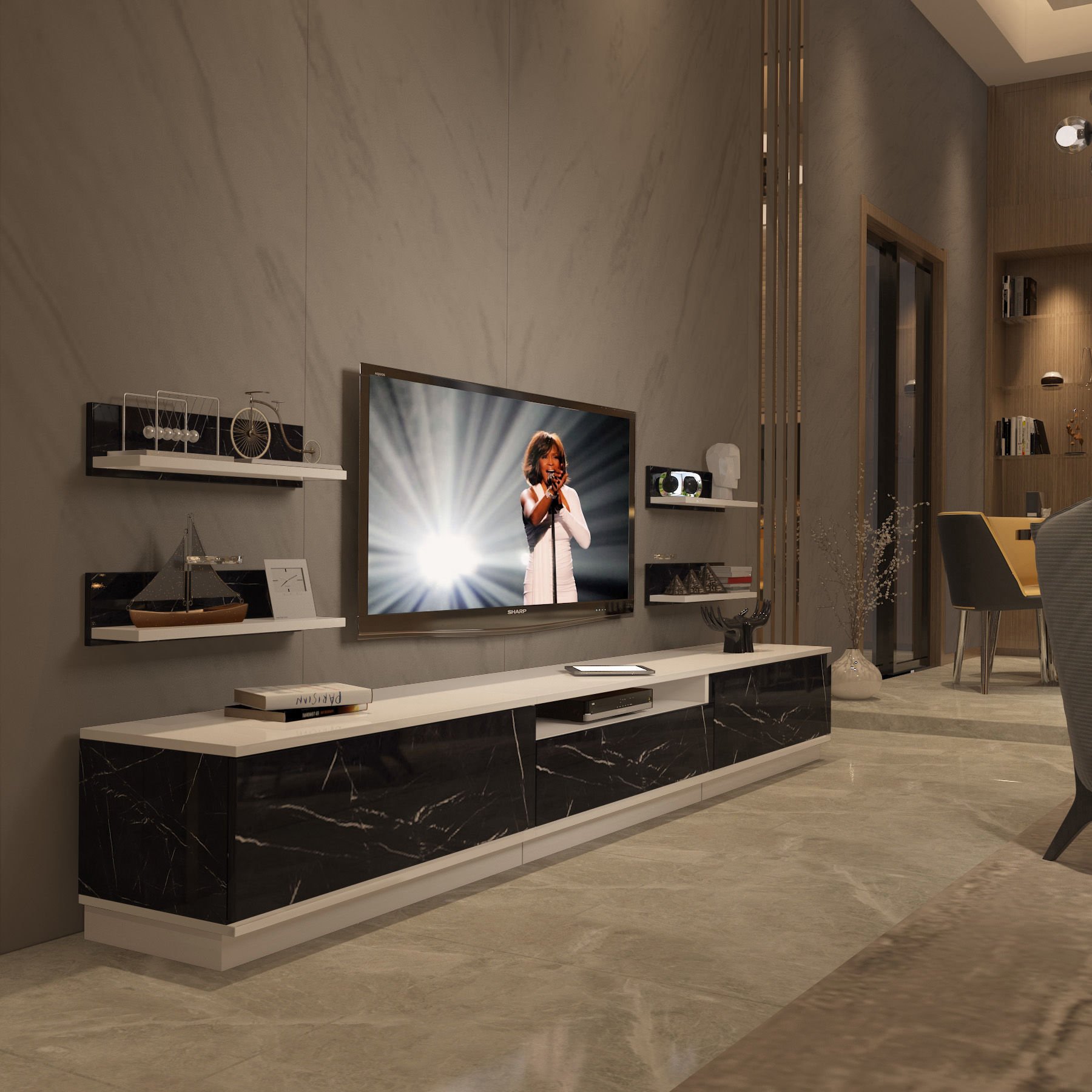 Decoraktiv Trendstyle 270RS Mdf Tv Ünitesi Tv Sehpası Beyaz - Siyah Mermer