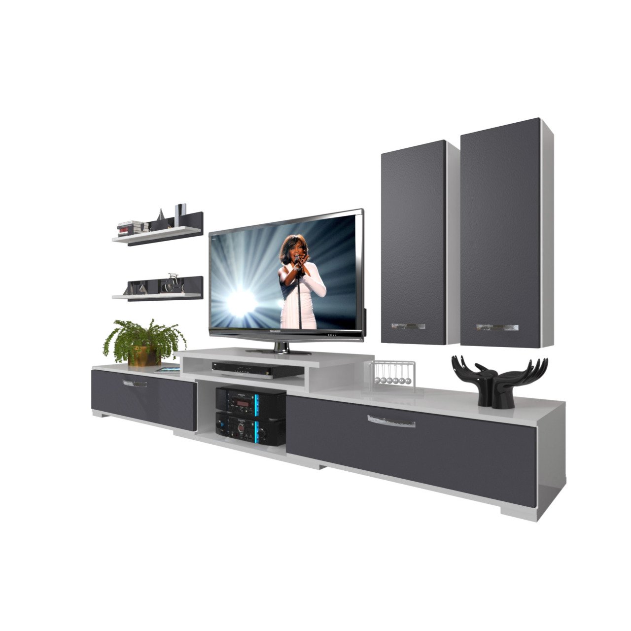 Decoraktiv Flex 5D Mdf Tv Ünitesi Tv Sehpası Beyaz - Antrasit