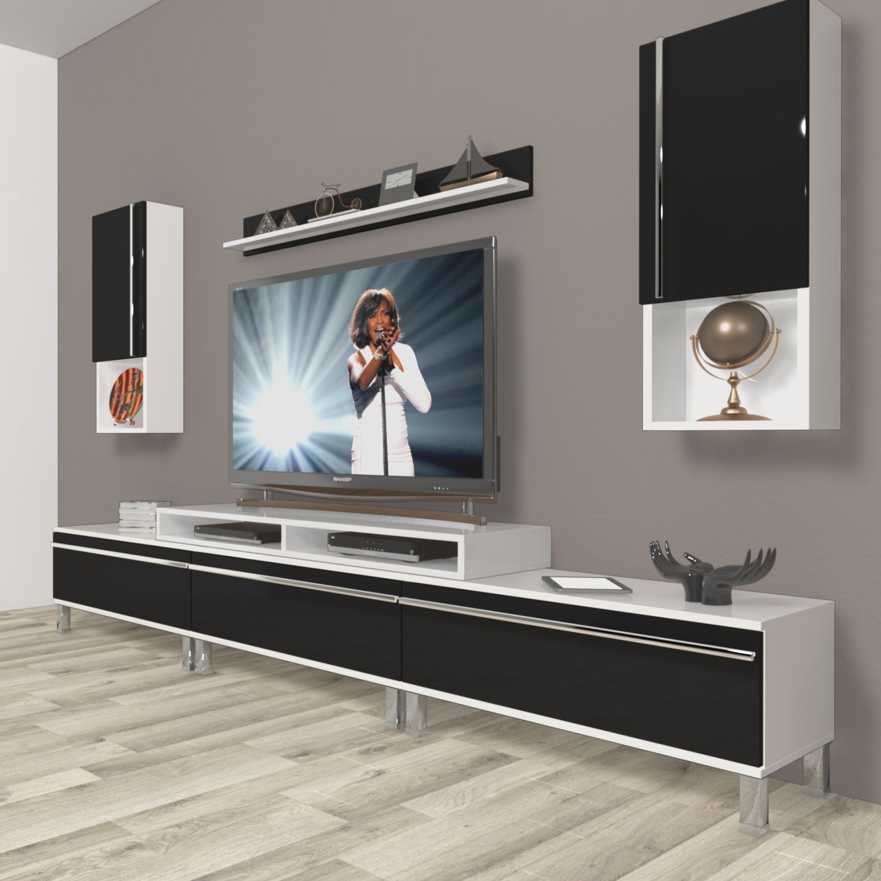 Decoraktiv Ekoflex 270TA Mdf Krom Ayaklı Tv Ünitesi Tv Sehpası Beyaz - Siyah