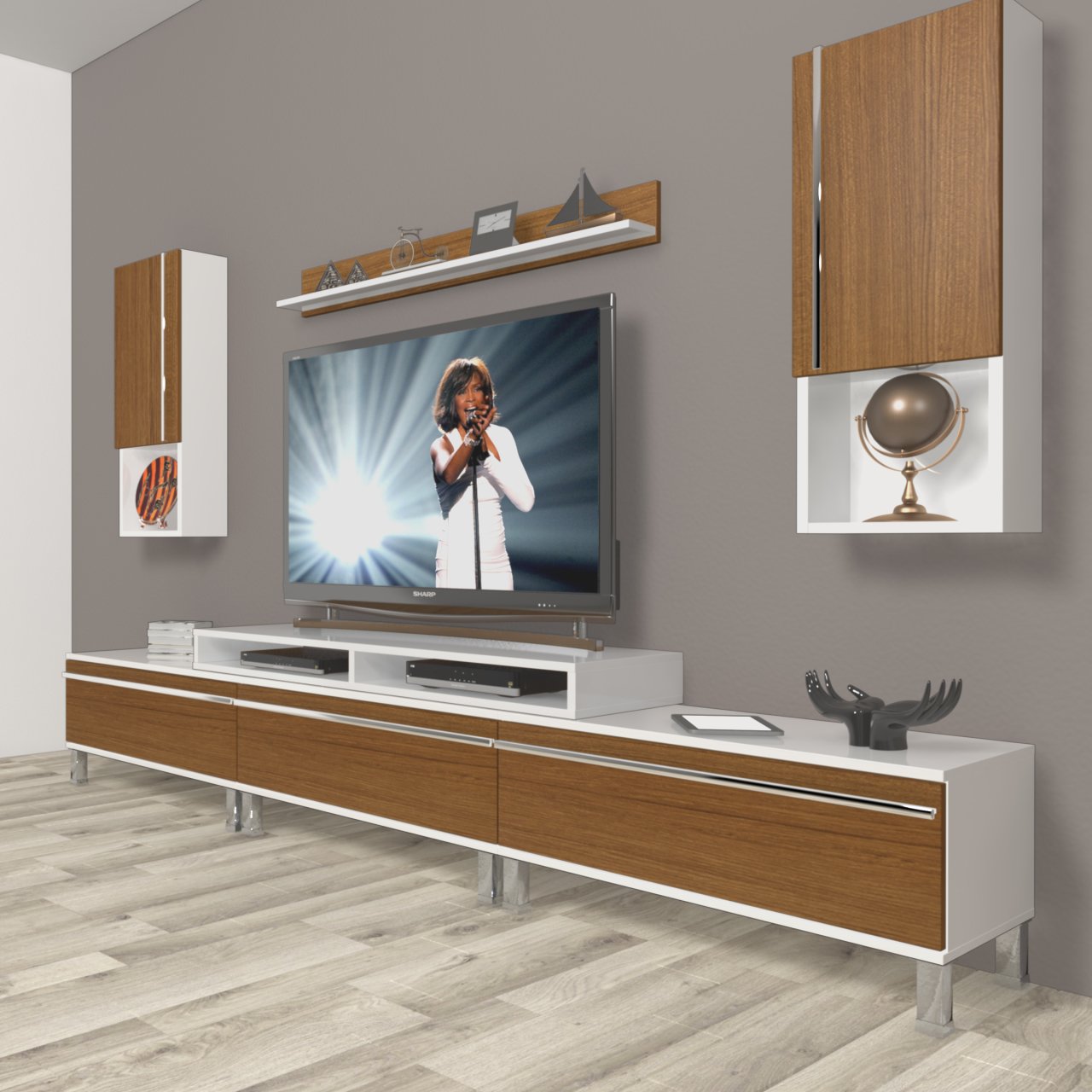 Decoraktiv Ekoflex 270TA Mdf Krom Ayaklı Tv Ünitesi Tv Sehpası Beyaz - Ceviz
