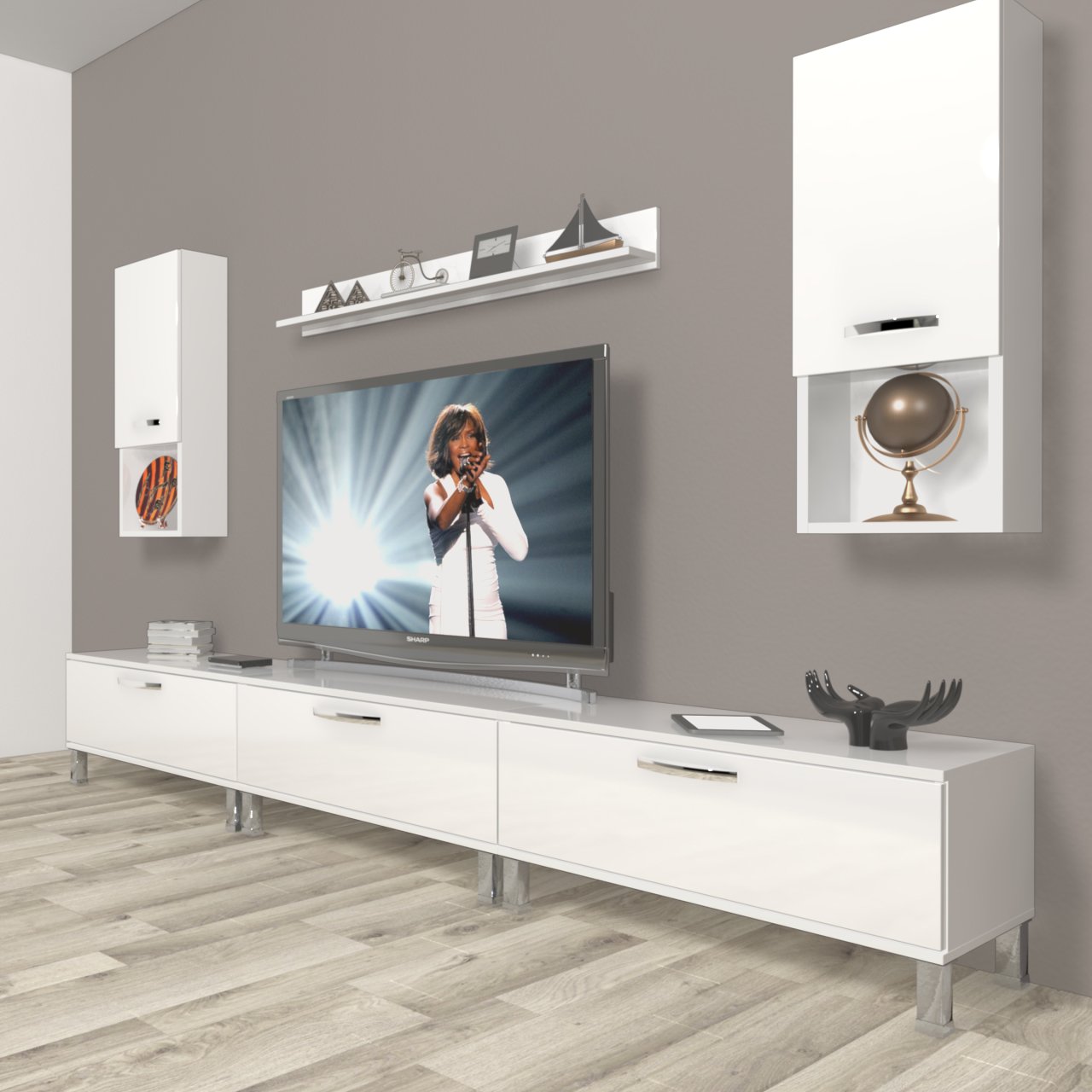 Decoraktiv Eko 270da Slm Krom Ayaklı Tv Ünitesi Tv Sehpası Parlak Beyaz