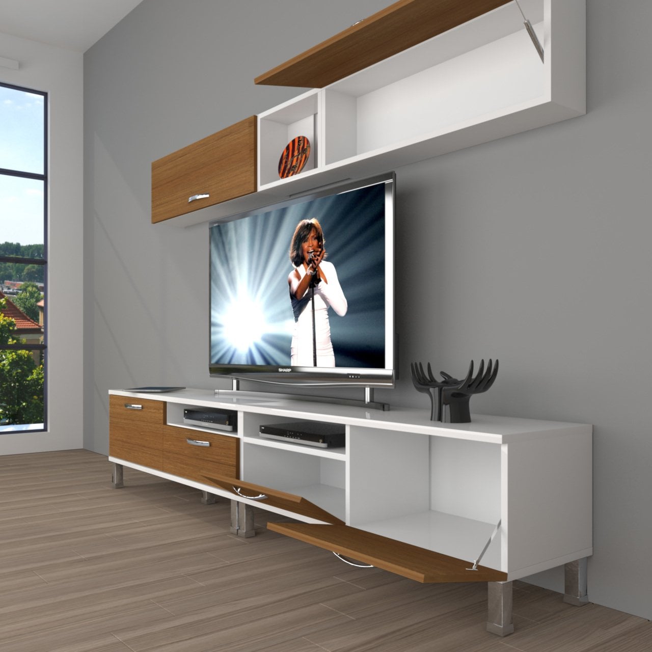 Decoraktiv Eko 5200 Mdf Krom Ayaklı Tv Ünitesi Tv Sehpası Beyaz - Ceviz