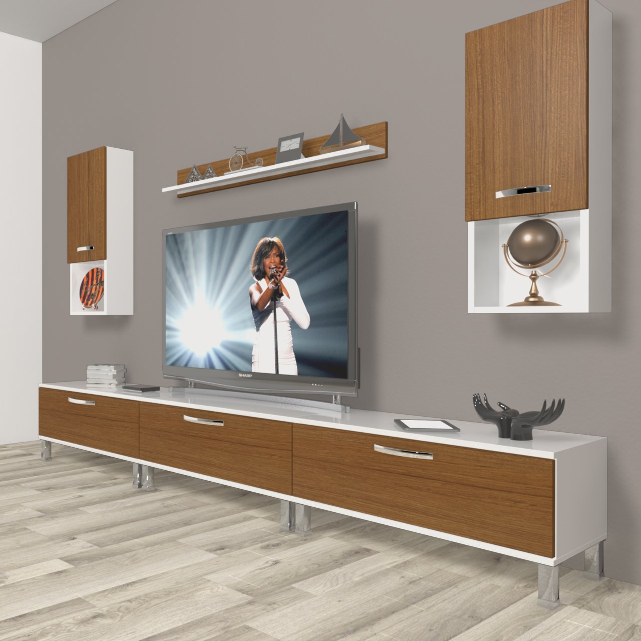 Decoraktiv Eko 270da Slm Krom Ayaklı Tv Ünitesi Tv Sehpası Beyaz - Ceviz