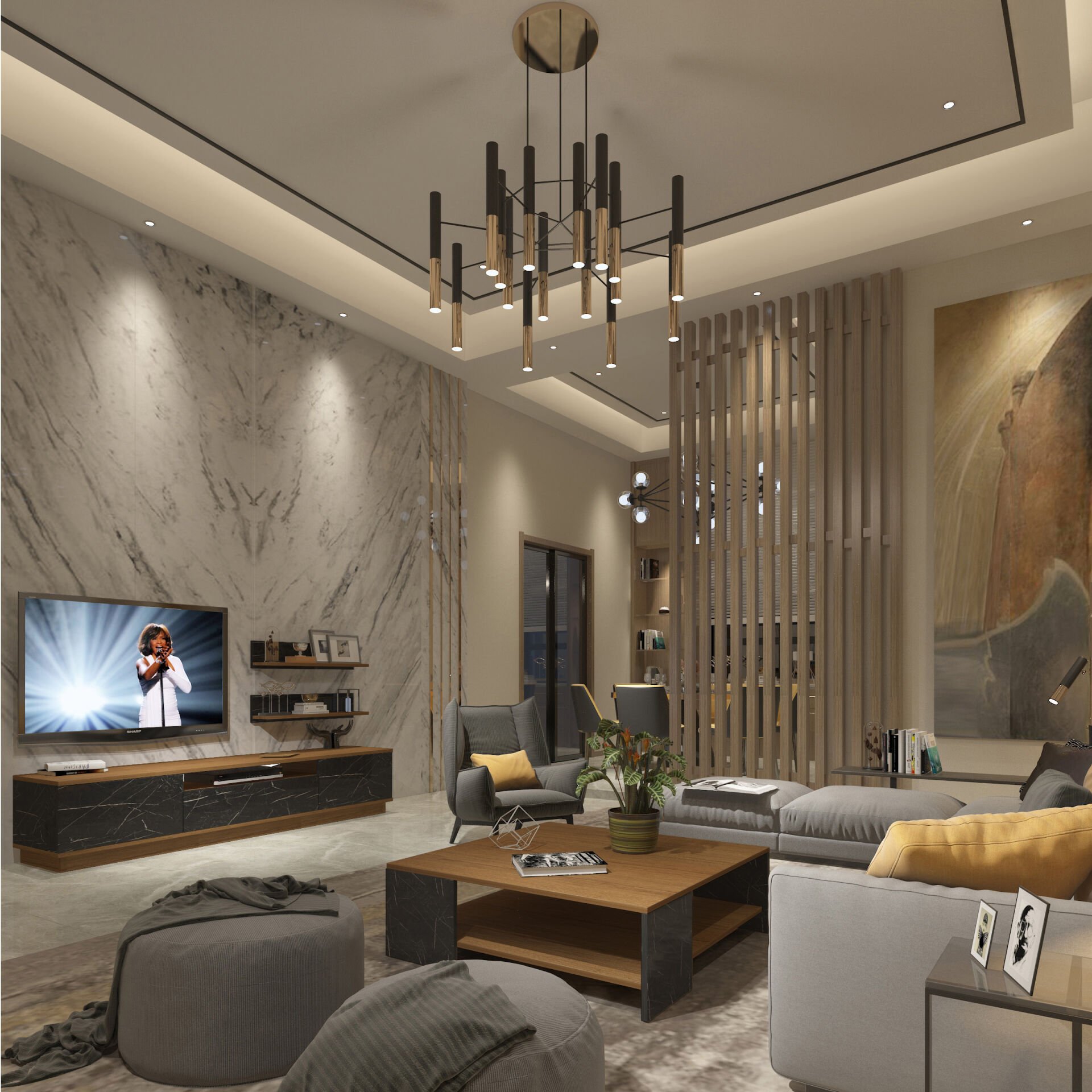 Trendstyle 4s Mdf Tv Ünitesi ve Orta Sehpa 2'li Set Ceviz - Siyah Mermer