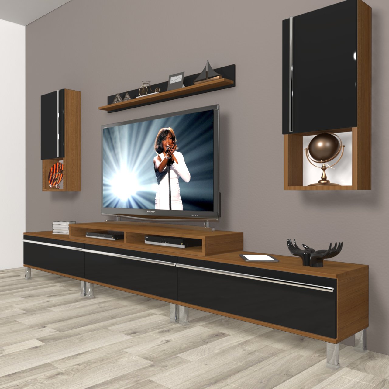 Decoraktiv Ekoflex 270TA Mdf Krom Ayaklı Tv Ünitesi Tv Sehpası Ceviz - Siyah