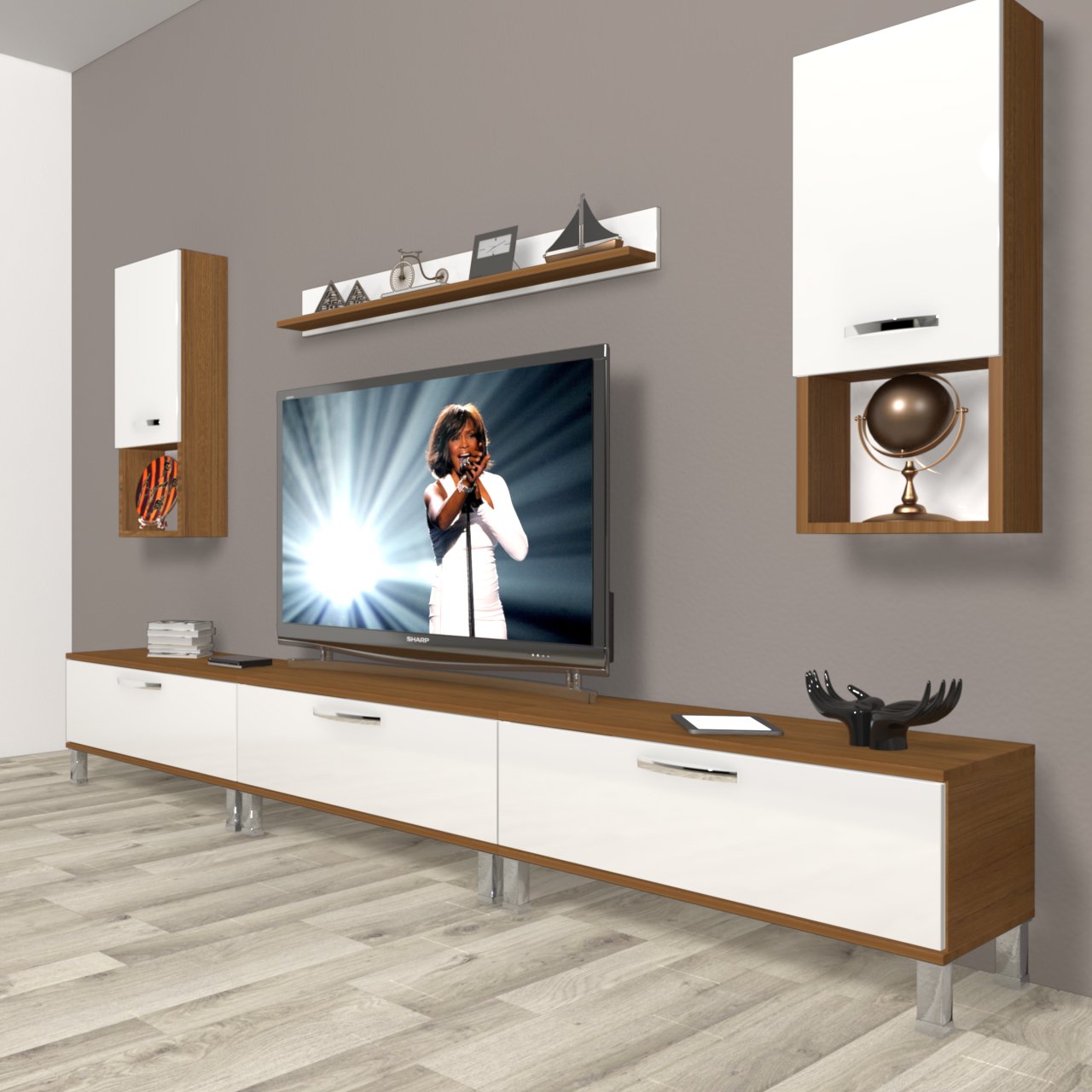 Decoraktiv Eko 270da Slm Krom Ayaklı Tv Ünitesi Tv Sehpası Ceviz - Beyaz